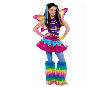 NEW Rainbow Fairy Costume PLUS Fur Leg Warmers + Tinsel Lashes + Nails